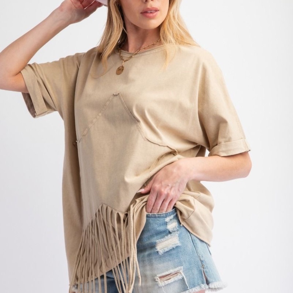 New Easel Star Fringed Cotton Tee Mineral Wash Cotton Shirt Top Short Sleeve - Picture 6 of 8